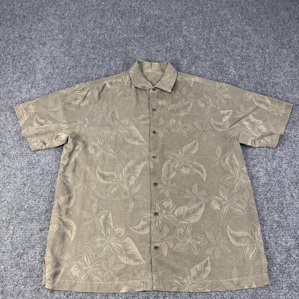 Tommy Bahama Shirt Mens Large Khaki Silk Jacquard Floral Hawaiian Camp Button Up